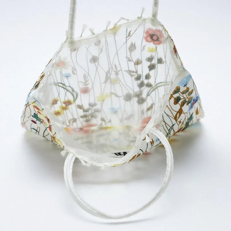Floral Embroidered Mesh Shoulder Bag Summer Style Eco Shopping Tote