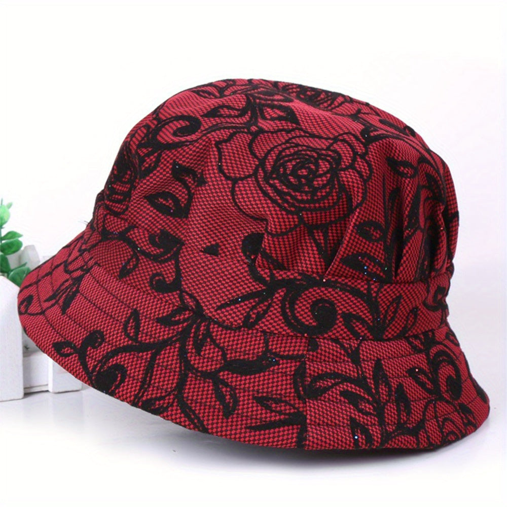Vintage Rose Embroidery Bucket Hat Solid Short Brim Basin Hat UV Protection
