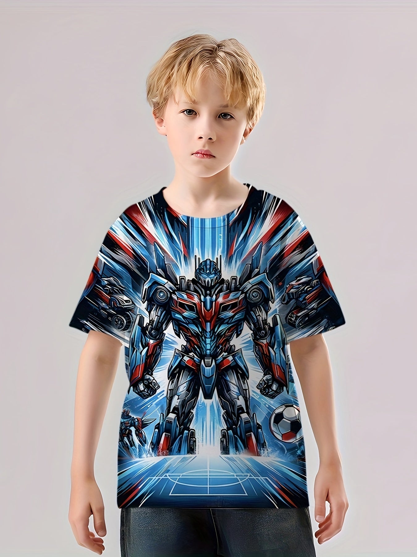 Robot Warrior Print Boy's Tees Short Sleeve Crew Neck Comfy T shirt
