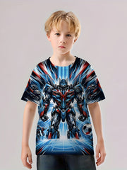 Robot Warrior Print Boy's Tees Short Sleeve Crew Neck Comfy T shirt