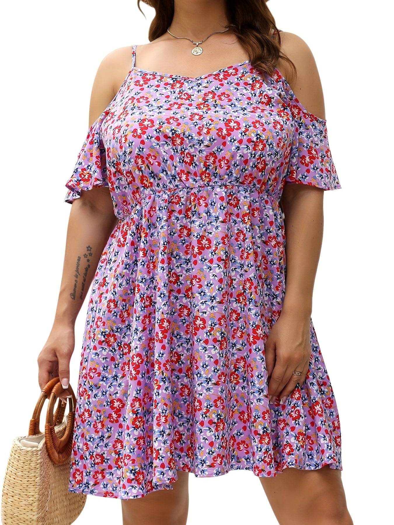  Women's Ditsy Floral Print Cold Shoulder Dress
