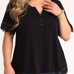 Eyelet Embroidered Plus Size Casual Top with Notched Neck
