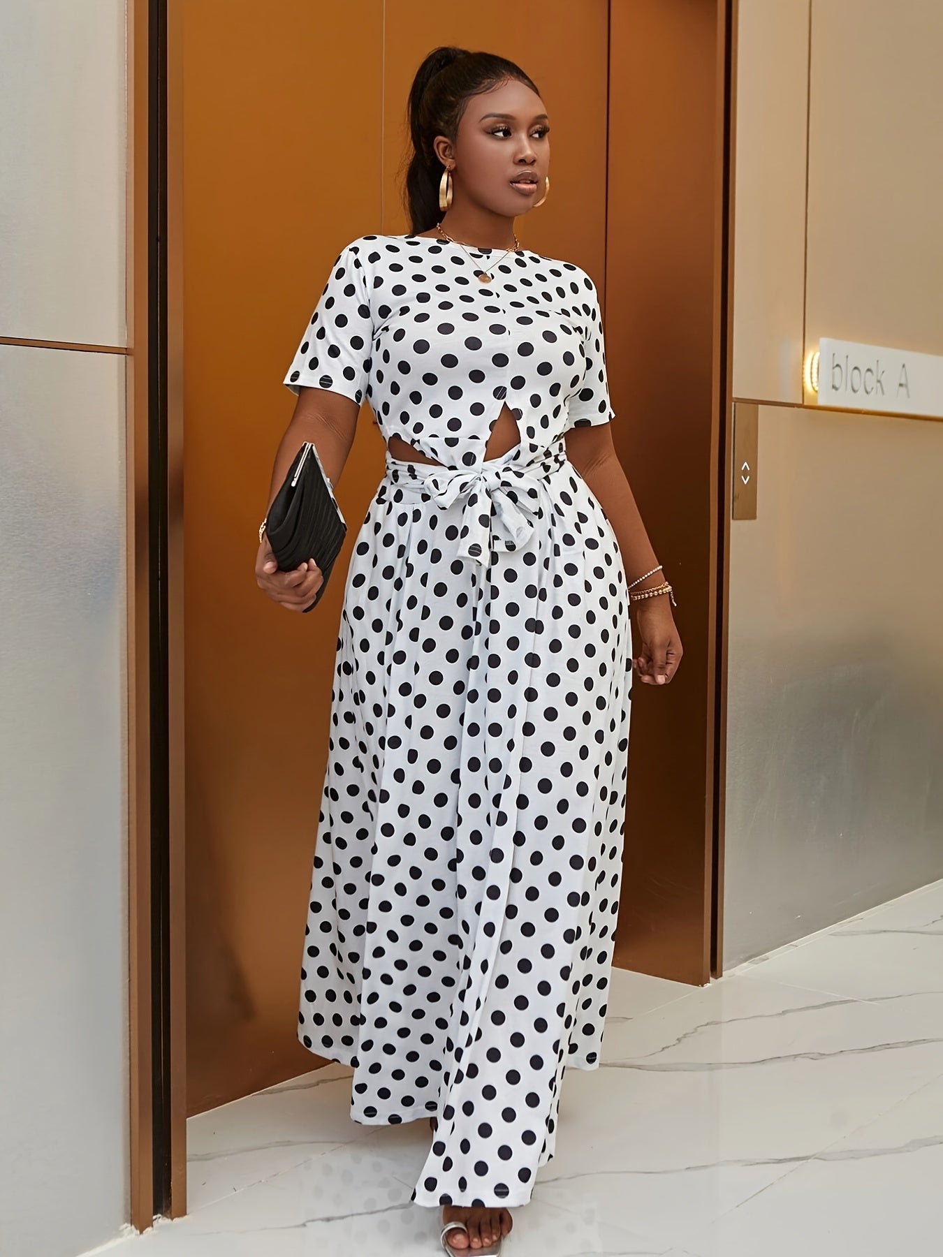  Polka Dot Print Knot Front Crop Top & Maxi Skirt Set