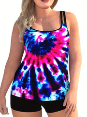  Tie Dye Cami & Biker Shorts Set Women's Plus Stretch Vacation 2pcs