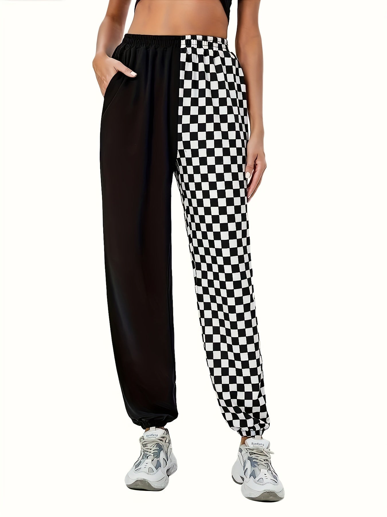  Colorblock Checker Print High Rise Joggers