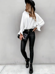  Casual Blouse Women's Solid Flounce Sleeve Stand Collar Shirt
