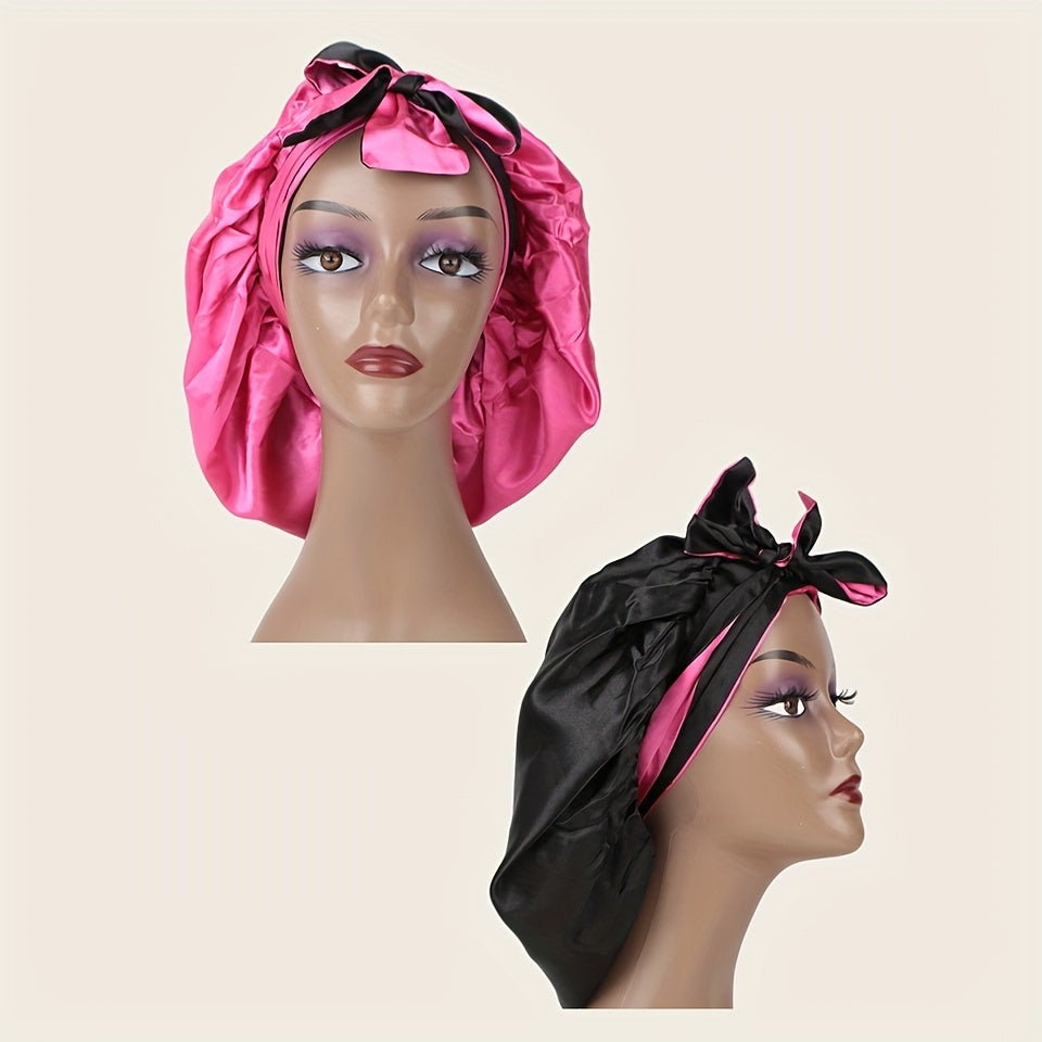 Double Layer Satin Bonnet Sleep Cap Hair Bonnets Stretchy Tie Band Hair Cap