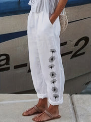  Floral Print Button Decor Elastic Pants