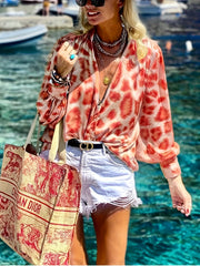  Leopard Print Button Up Long Sleeve Mock Neck Blouse