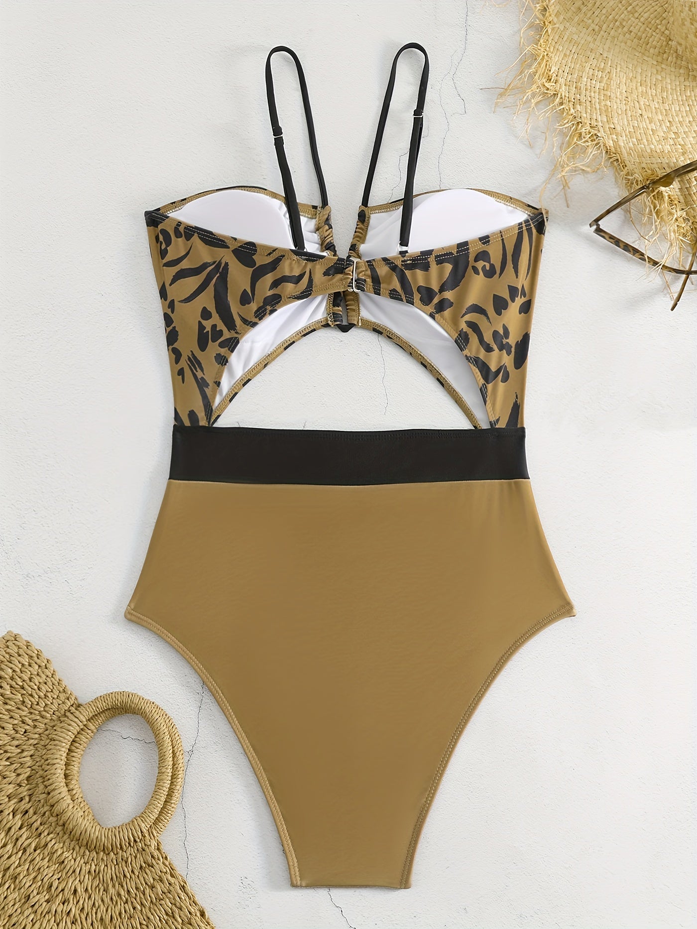  Casual One Piece Swimsuit Printed V Neck Cut Out Cami