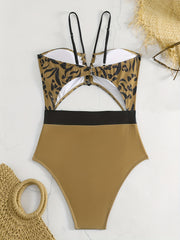  Casual One Piece Swimsuit Printed V Neck Cut Out Cami