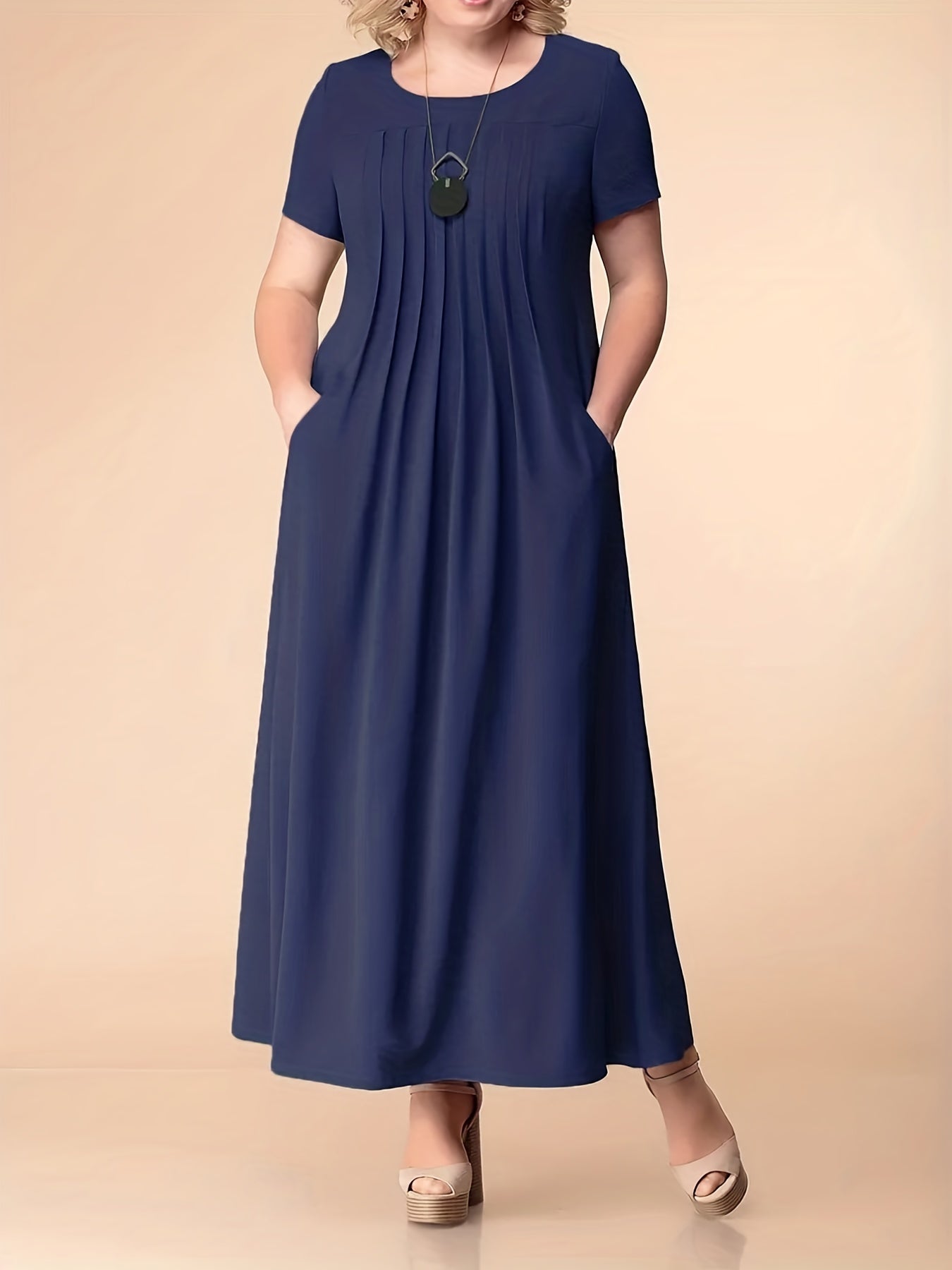  Maxi Dress Women's Short Sleeve Round Neck Dress With Pockets