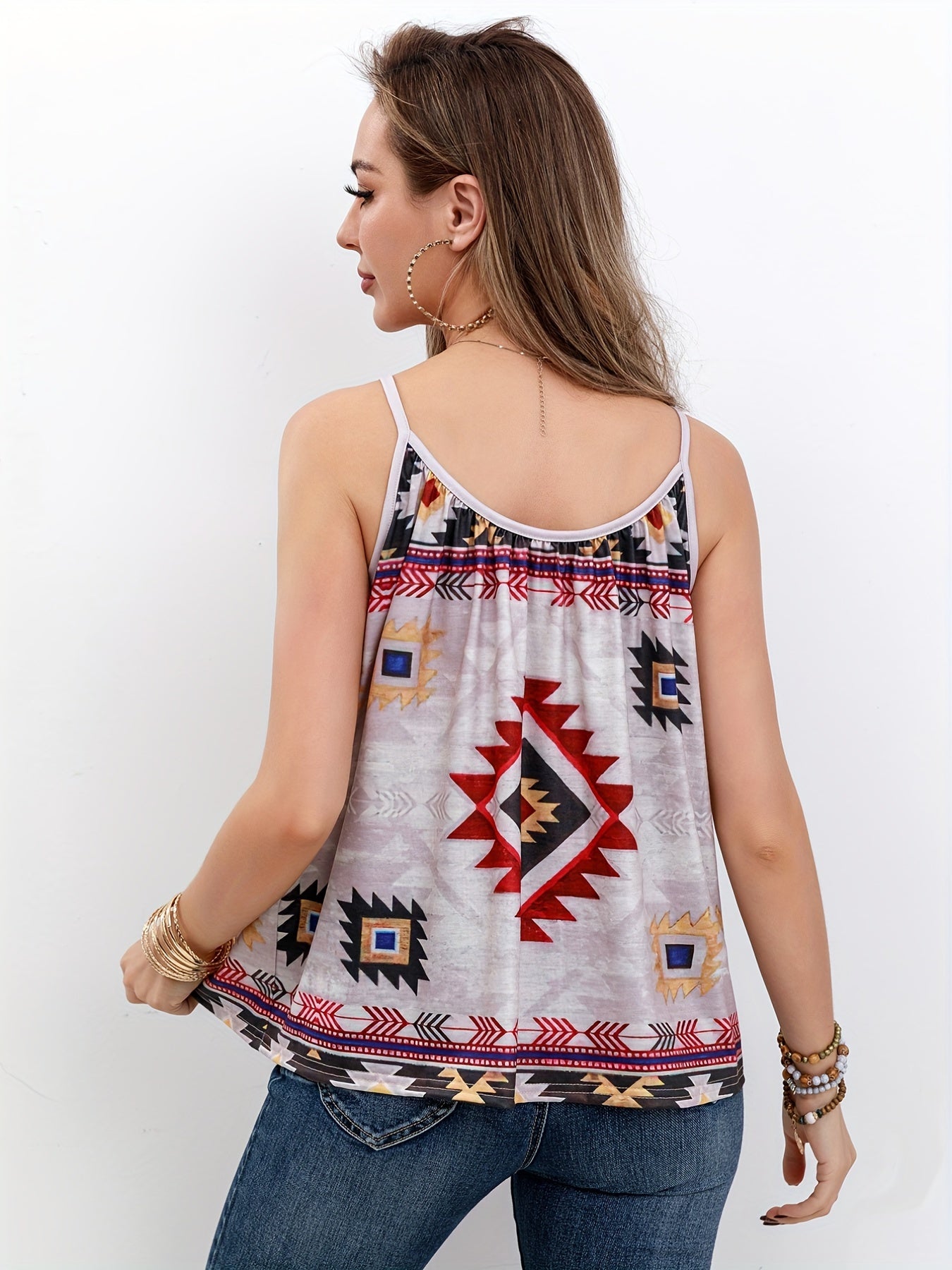  Boho Cami Geo Print Round Neck Vacay Top Women's