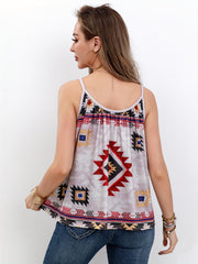  Boho Cami Geo Print Round Neck Vacay Top Women's