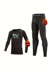 2pcs Kids Fleece Compression Sets Crew Print Pullover Matching Pants