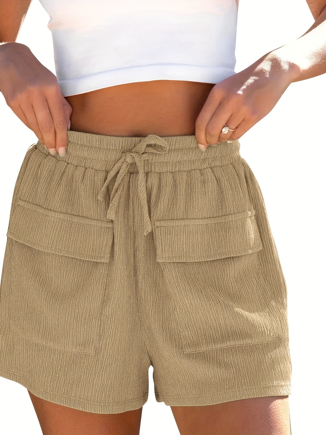  Women's High Rise Stretchy Crinkle Shorts With Pockets