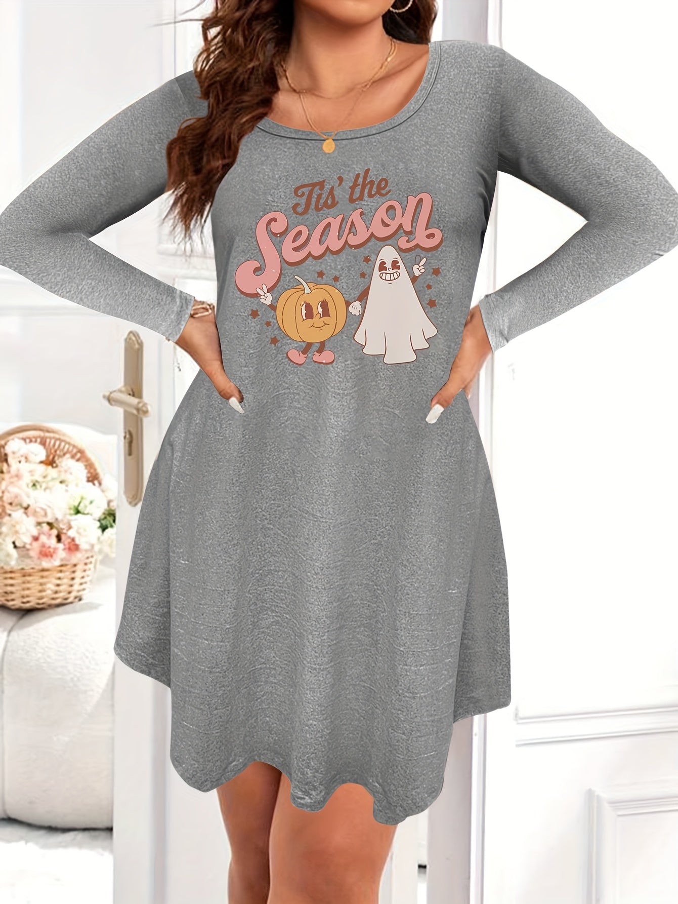  Halloween Nightdress Pumpkin Ghost Print Long Sleeve Sleep D