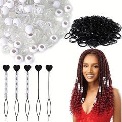 100Pcs Ponytail Beads, 5Pcs Quick Beader for Hair Braids, 500 Mini Rubber Bands