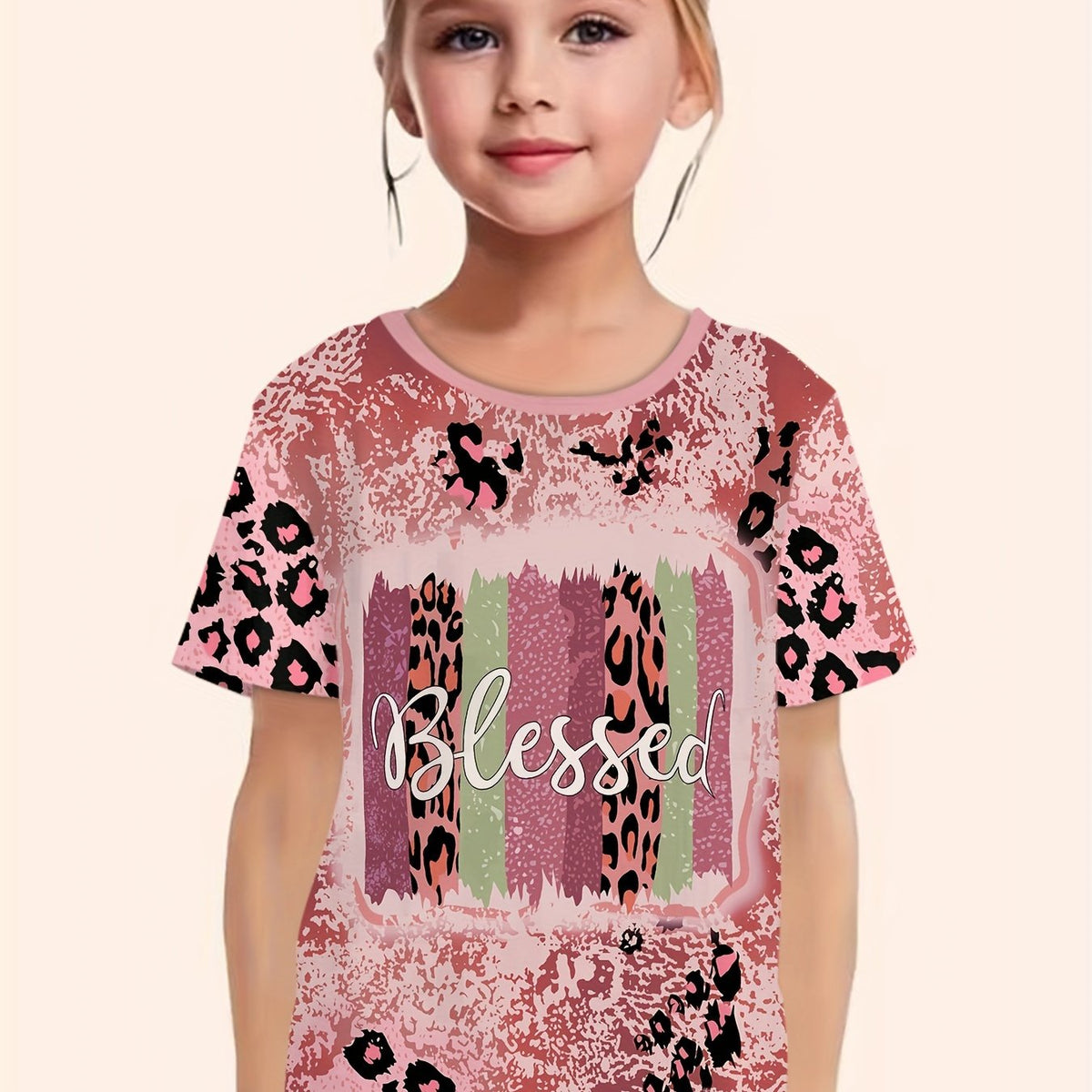 BLESSED Leopard Print Short Sleeve T-shirt Girls Summer Sports Pullover
