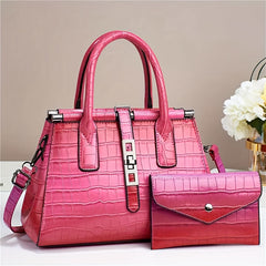 Crocodile Print Satchel Top Handle Tote Bag & Clutch Purse Set