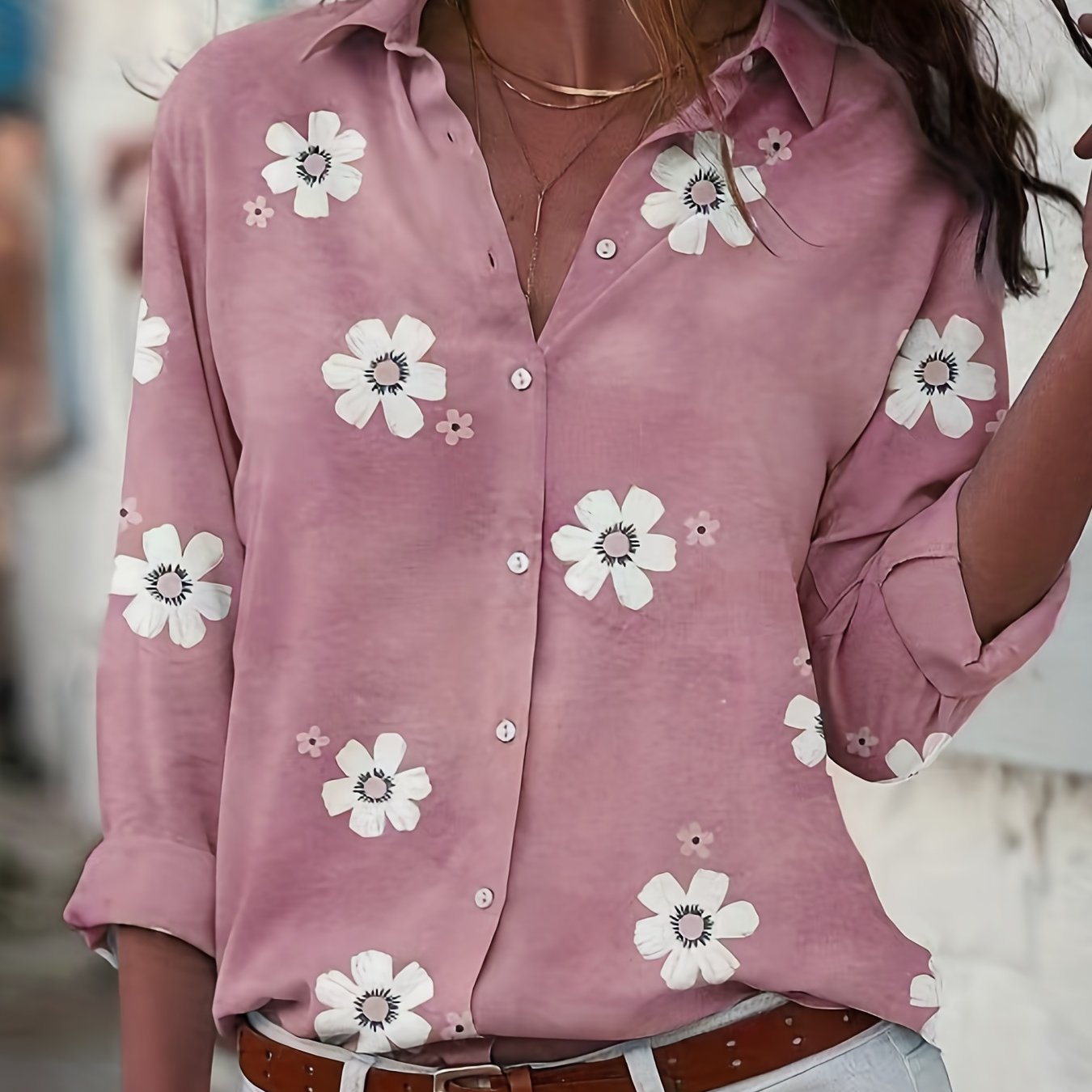 Floral Print Long Sleeve Button Up Blouse
