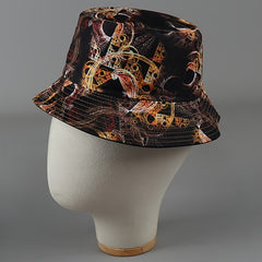 Golden Clockwork Reversible Bucket Hat Vintage Geometric Fisherman Cap