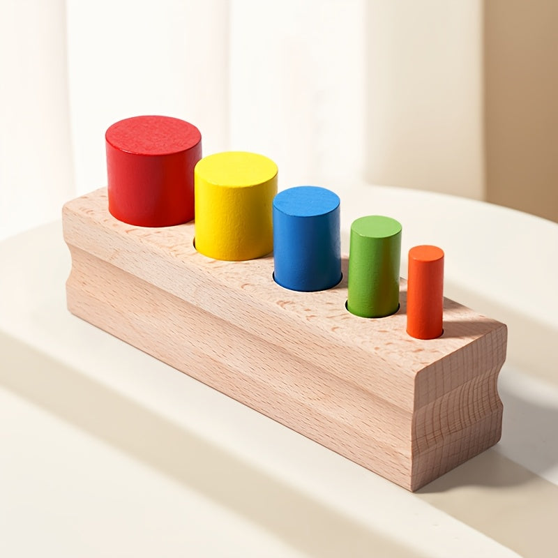Wooden Block Base Set with 5 Colored Cylinders Educational Toy