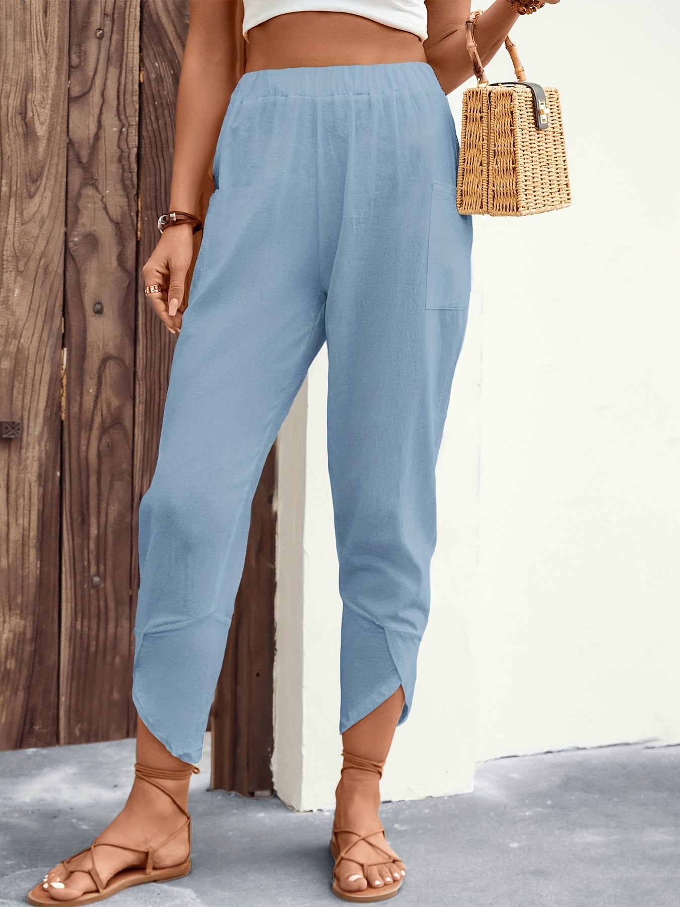 Minimalist Elastic Waist Carrot Pants Solid Color Casual Women's Clothing