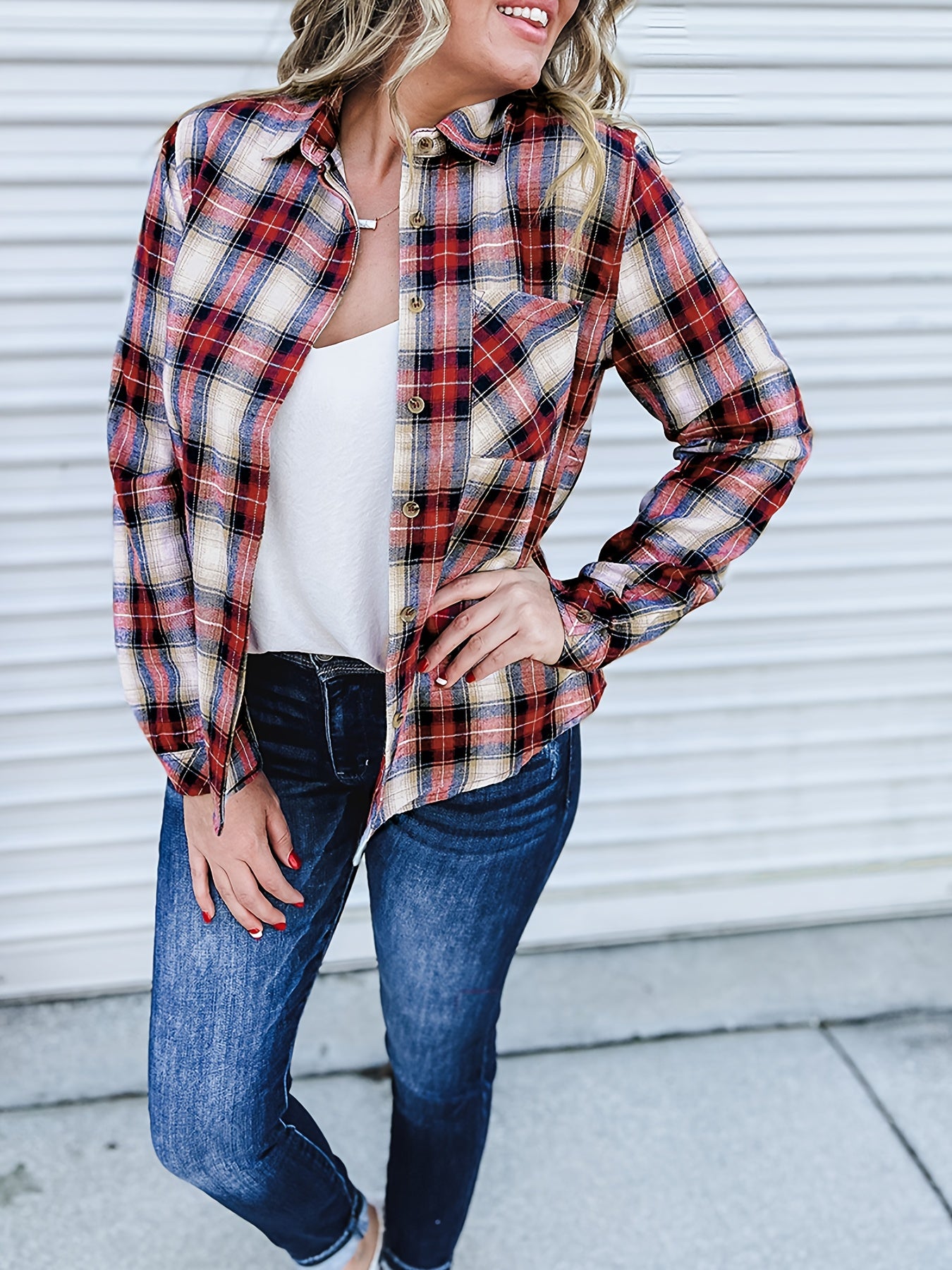  Plaid Print Button Up Long Sleeve Blouse