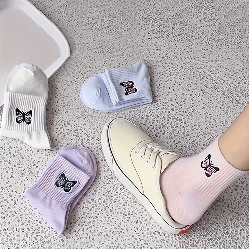 4 Pairs Butterfly Pattern Ribbed Socks Soft Mid Tube Women's Stockings