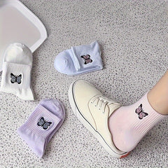 4 Pairs Butterfly Pattern Ribbed Socks Soft Mid Tube Women's Stockings