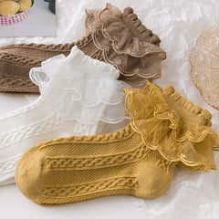 5 Pairs Girls Lace Brim Cotton Knit Socks for Autumn and Spring