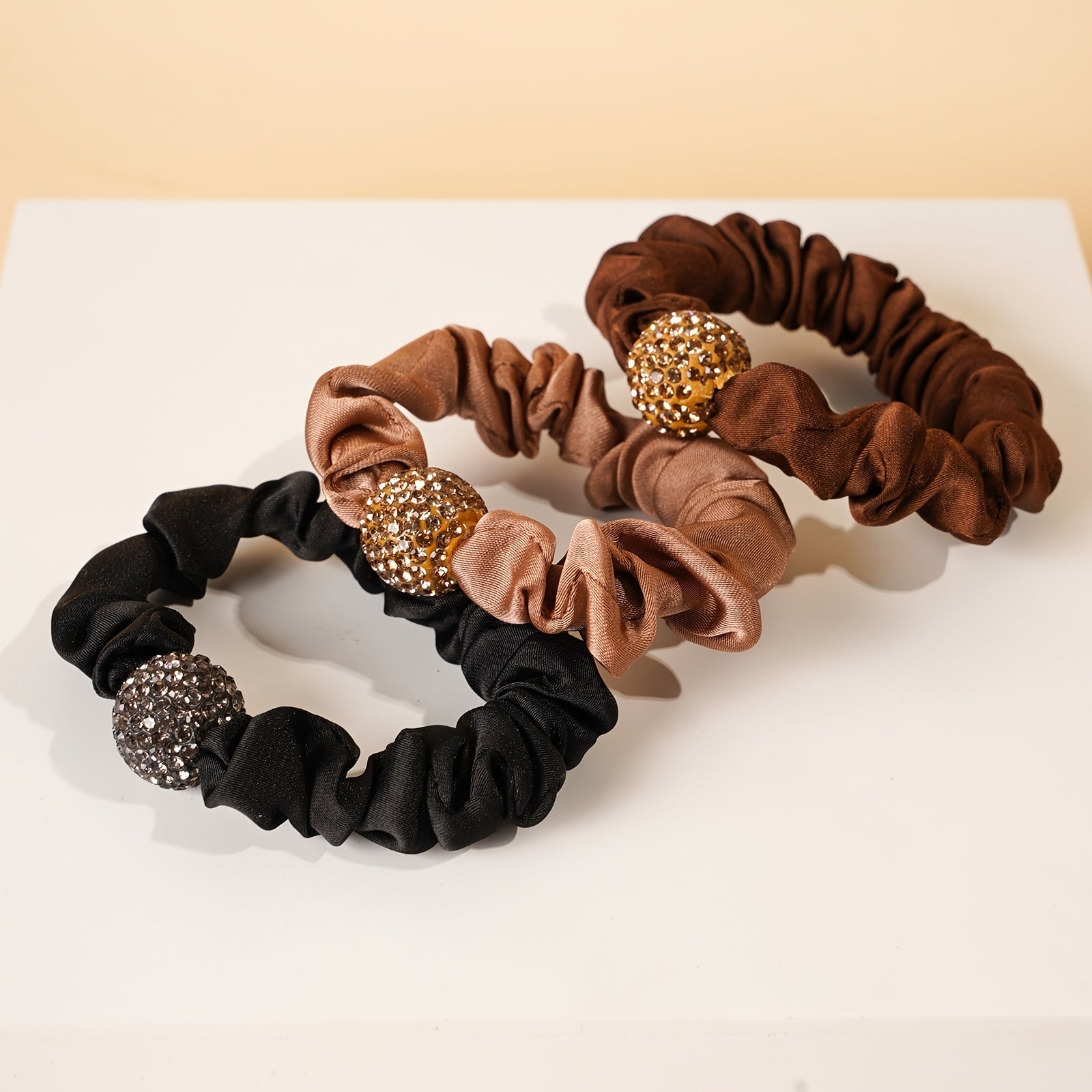 3pcs Rhinestone Hair Ties For Thick Hair - Silky Seamless Hair Scrunchies