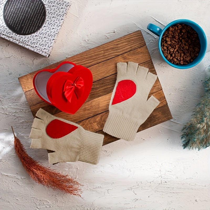 Khaki Half Finger Gloves Heart Patch Warmer Knit Gloves