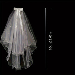 Romantic French Style Double Layer Bridal Veil with Beaded Bow