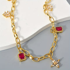 Adjustable Copper Necklace with Four Leaf Clover & Red Cubic Zirconia Pendant