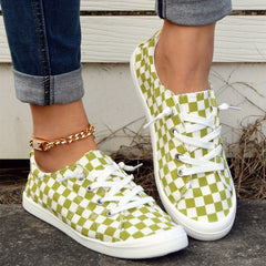 Women's Green Grid Lace Up Shoes Comfy & Lightweight Canvas Shoes