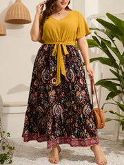  Colorblock Floral Print Knot Front Maxi Dress