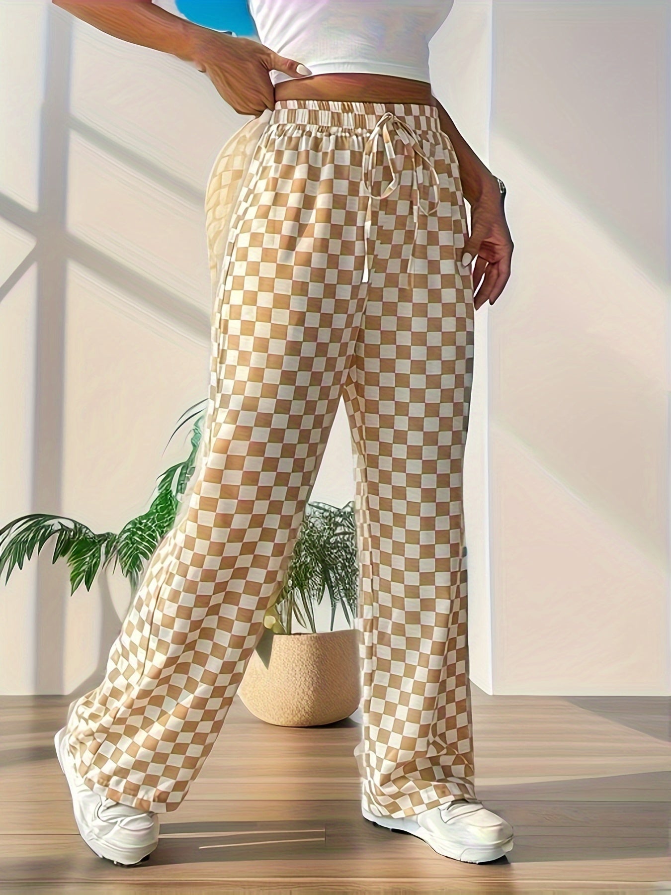 Women's Plus Checkerboard Print Wide Leg Trousers