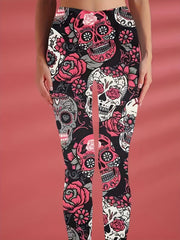  Halloween Sports Leggings Women's Plus Floral Skull Print High Waist
