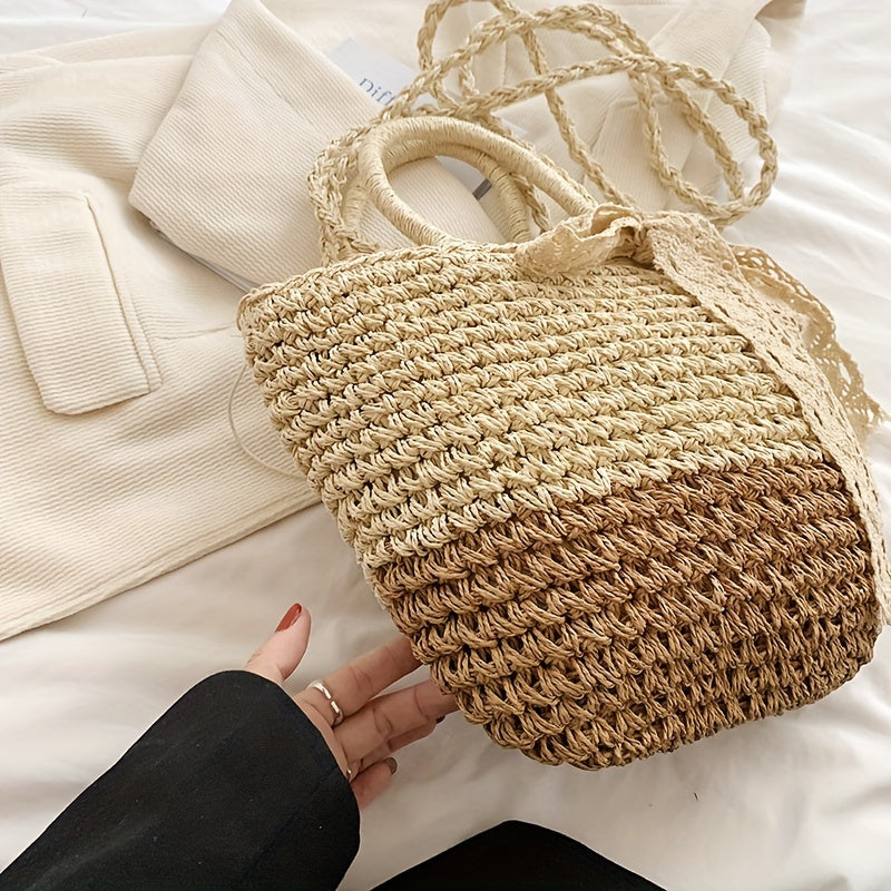 Straw Beach Bag Drawstring Bucket Shoulder Bag Boho Style Handbag