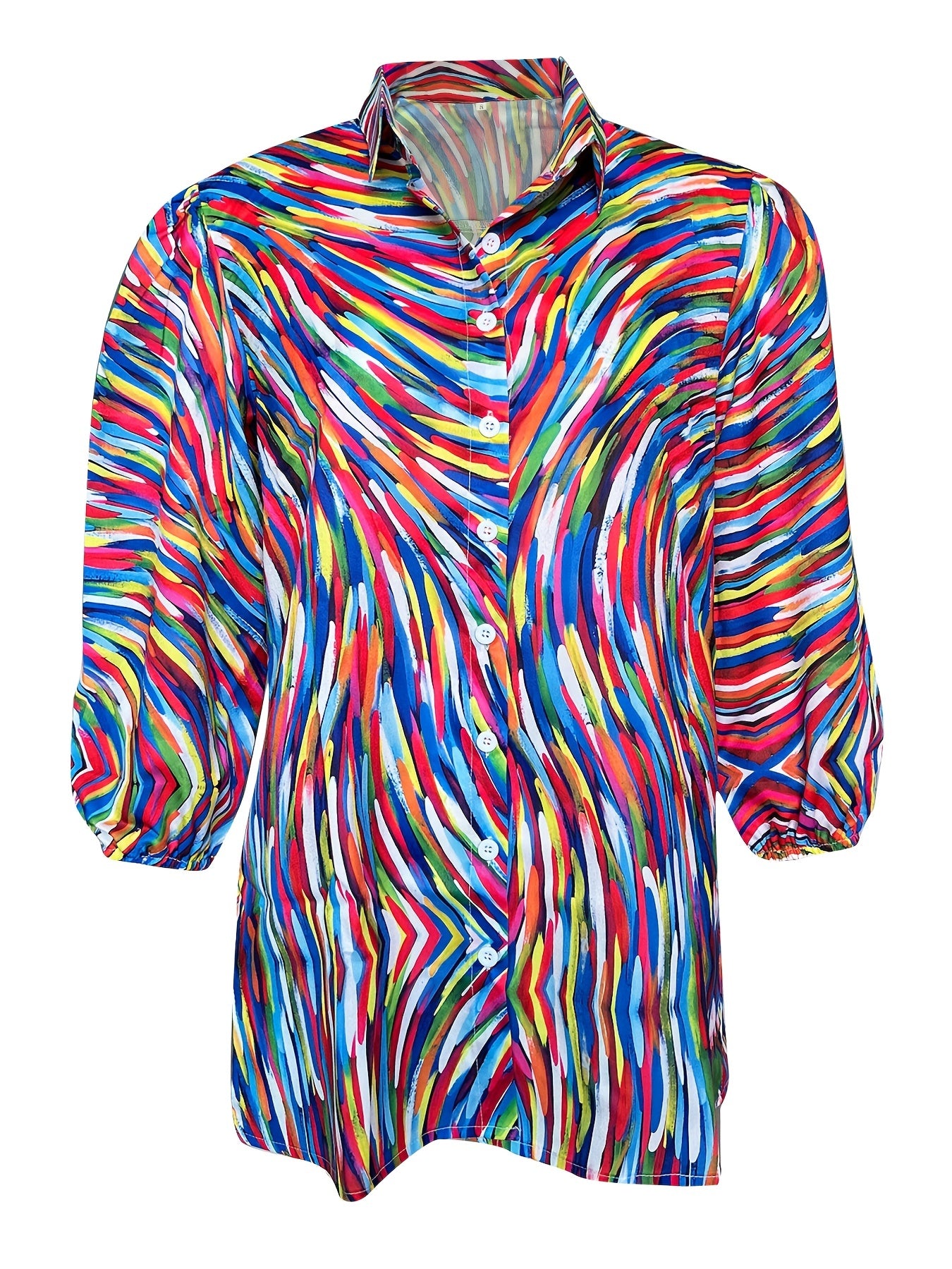  Casual Blouse Women's Plus Allover Print Button Up Half Sleeve