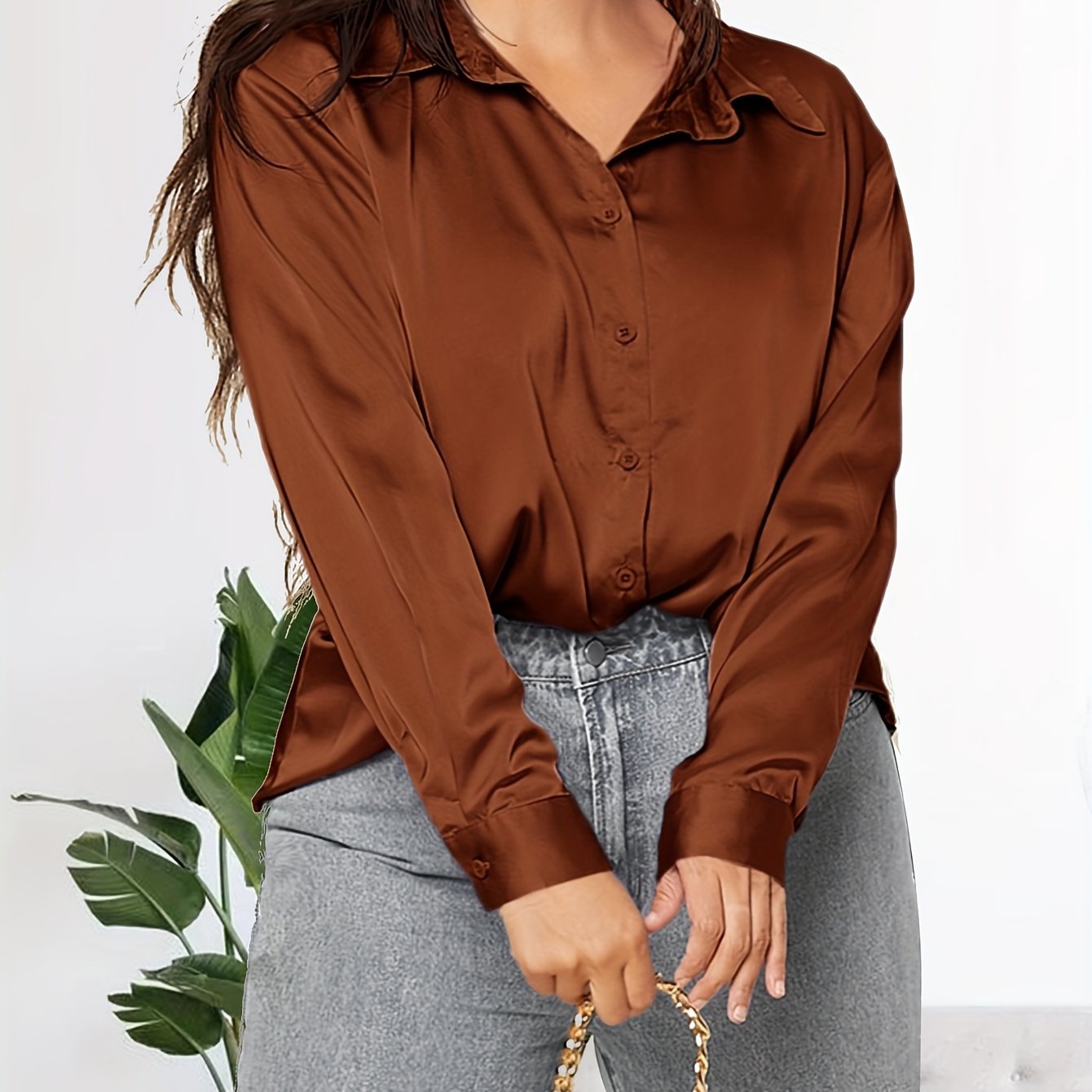  Solid Satin Long Sleeve Button Up Lapel Collar Shirt Top