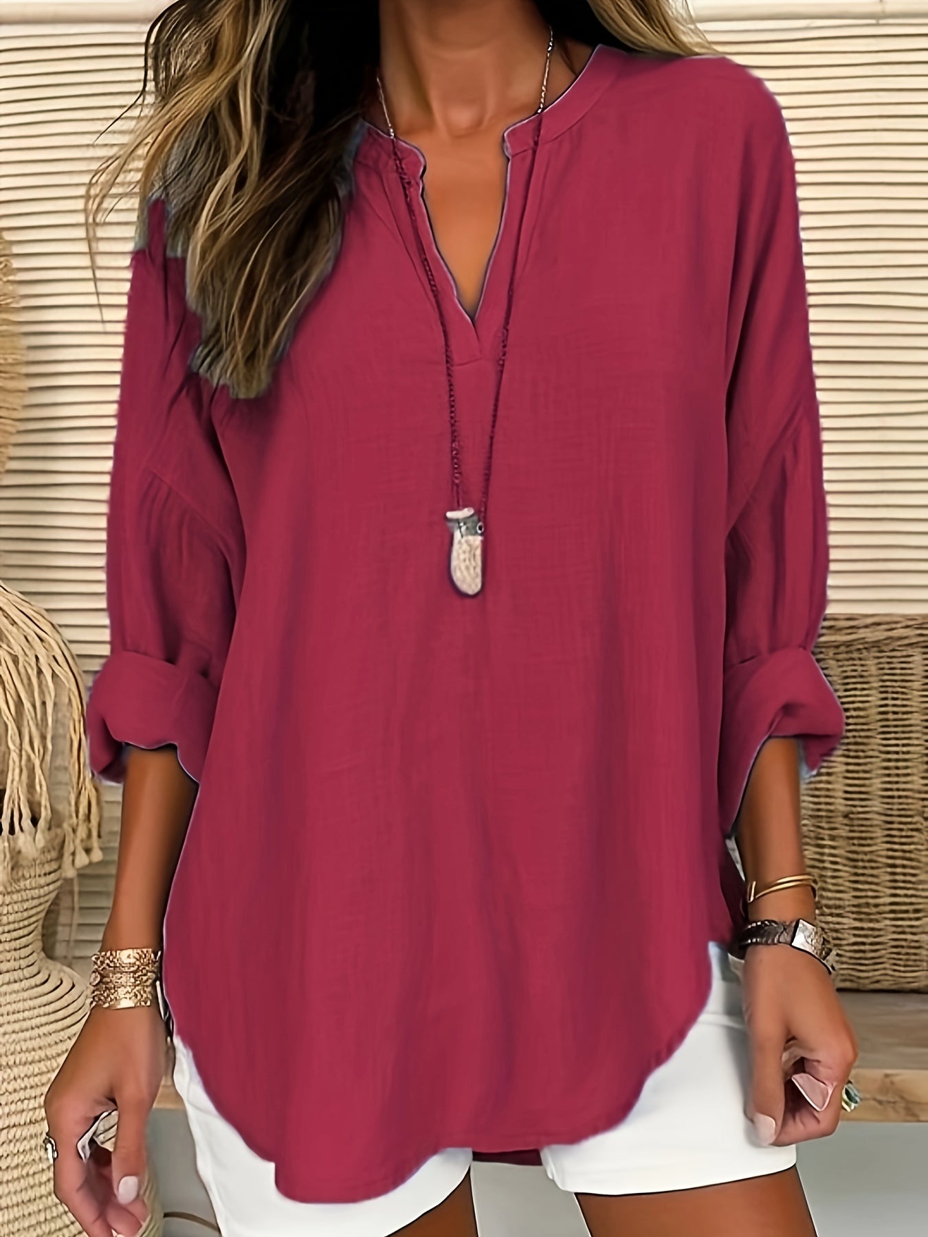  Solid Long Sleeve Notched Neck Tunic Top