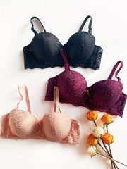 3pcs Lace Push Up Bras Comfy & Breathable Bow Tie