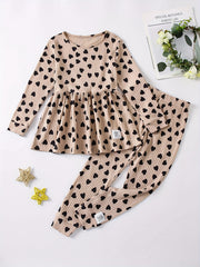 Girls' Love Heart Print 2pcs Long Sleeve Top & Pants Set