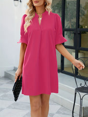  Pleated Puff Sleeve Notched Neck Summer Dress