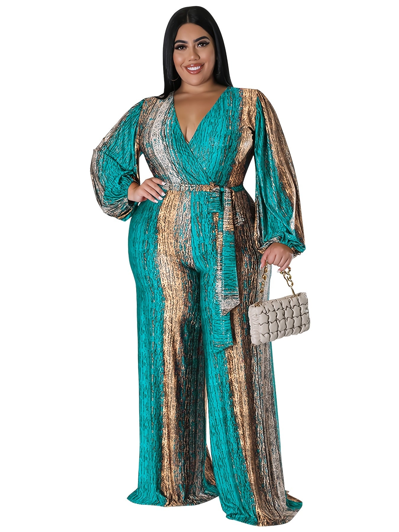  Colorblock Long Sleeve Jumpsuit With Belt