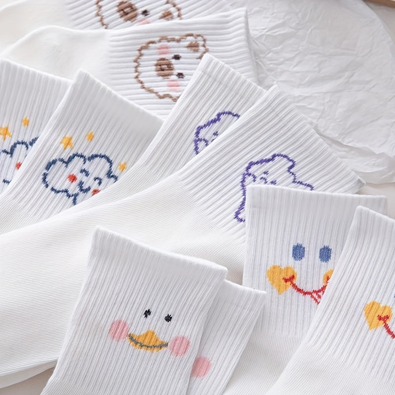 5 Pairs Cute Cartoon Print Socks Soft Mid Tube Women's Stockings