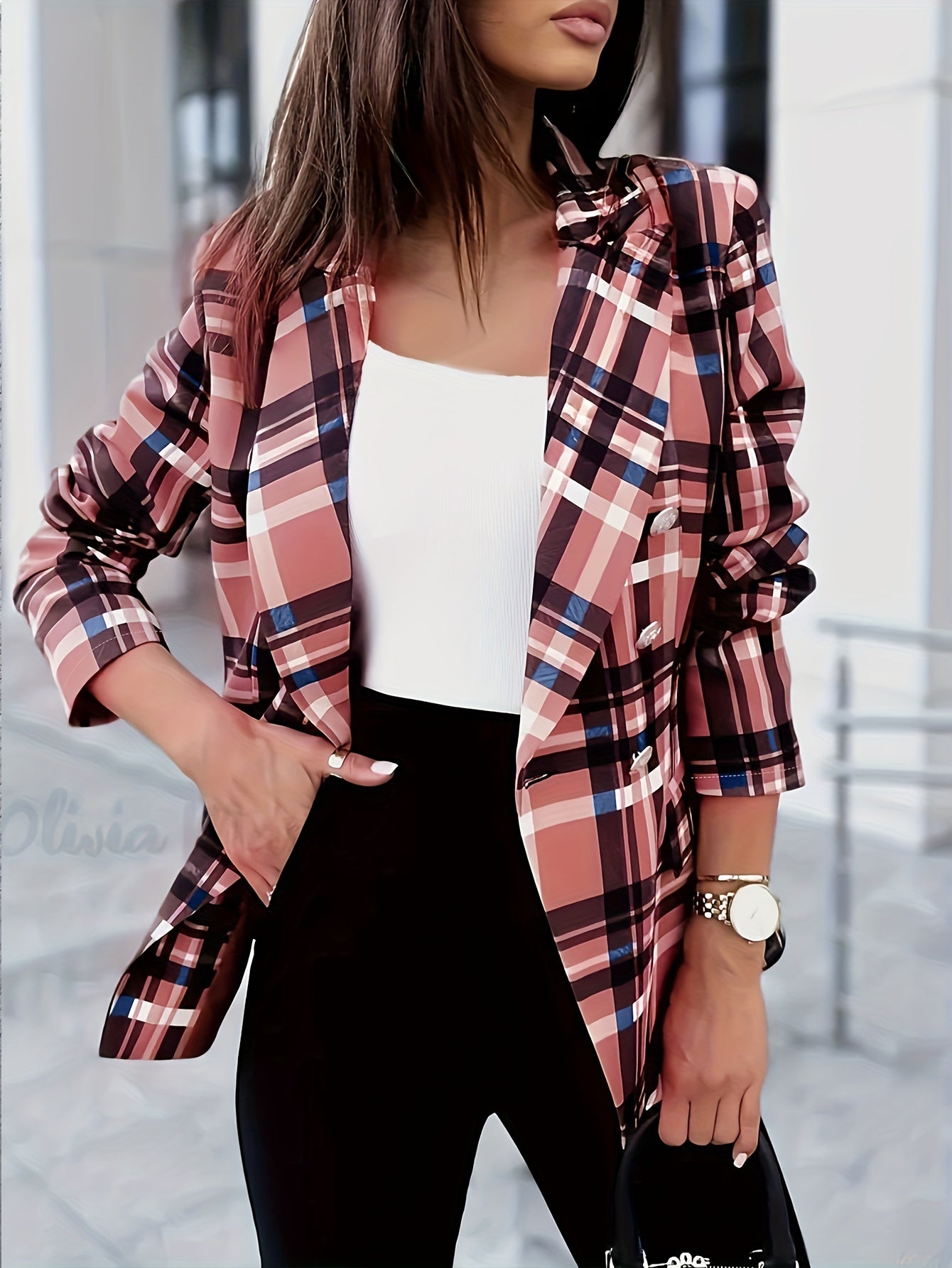  Plaid Print Long Sleeve Lapel Double Button Blazer